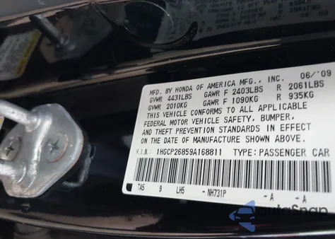 2009 Honda Accord 2.4 Ex-L from USA, damaged, VIN 1HGCP26859A168811